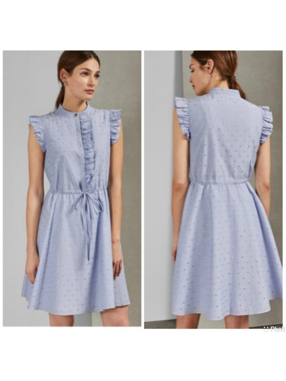 Ted Baker Midi Dress Blue Gold Ruffle Detail Size S